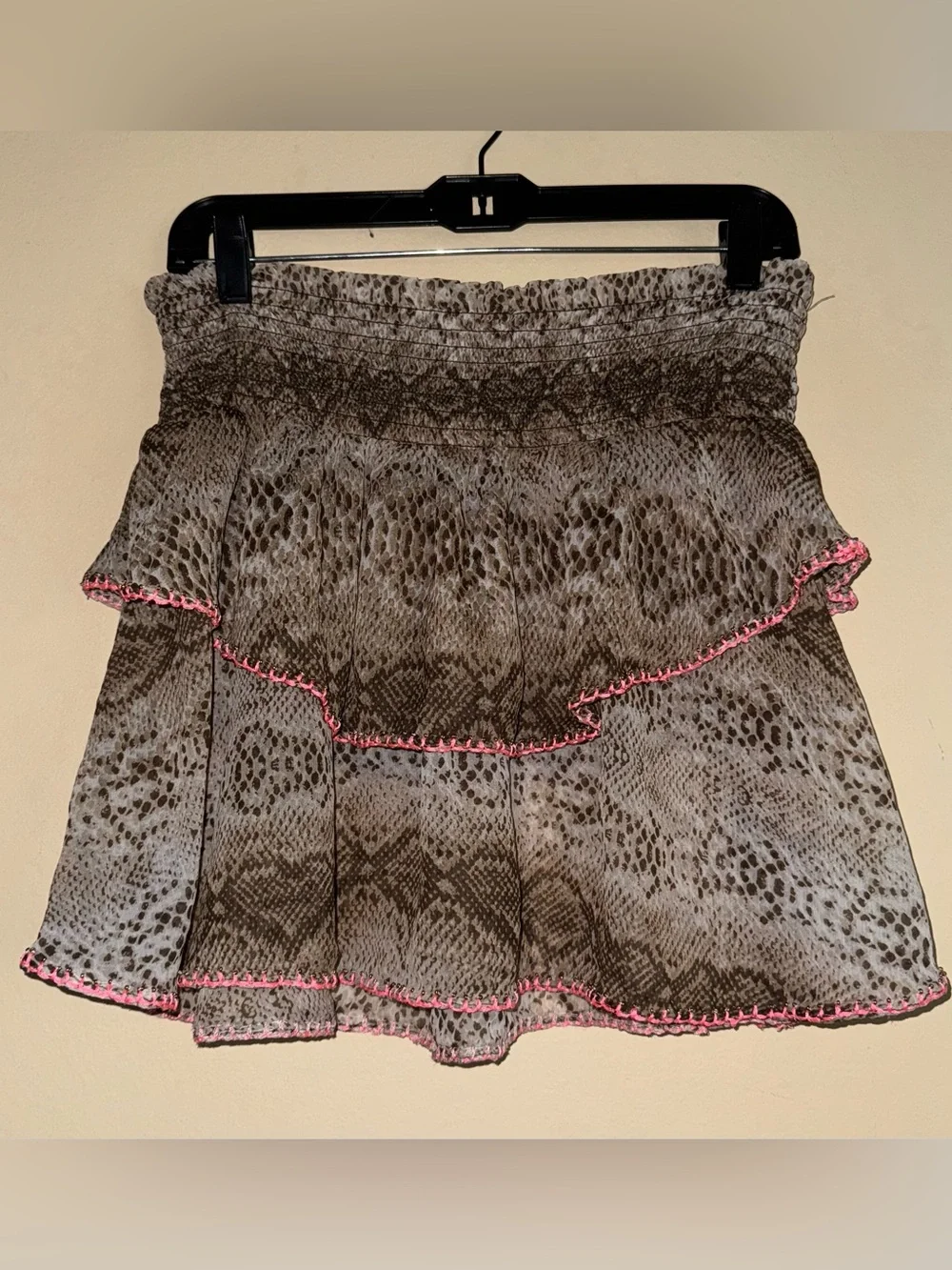 Ramy Brook Brown Snakeskin Ruffle Pink Trim Sheer Ruffle Mini Skirt Size M